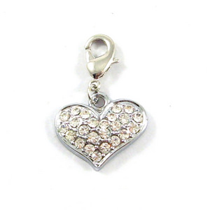 d-ring silver rhinestone heart charm collar